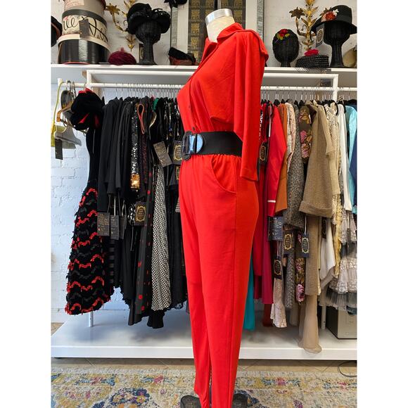 vintage 1980s red jersey jumpsuit by fantaseas medium snap front avant garde 80s - Picture 6 of 10